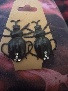 NWT Black Beatle with crystal Jewels Accent, Halloween Bug Jewelry, Bug Earrings